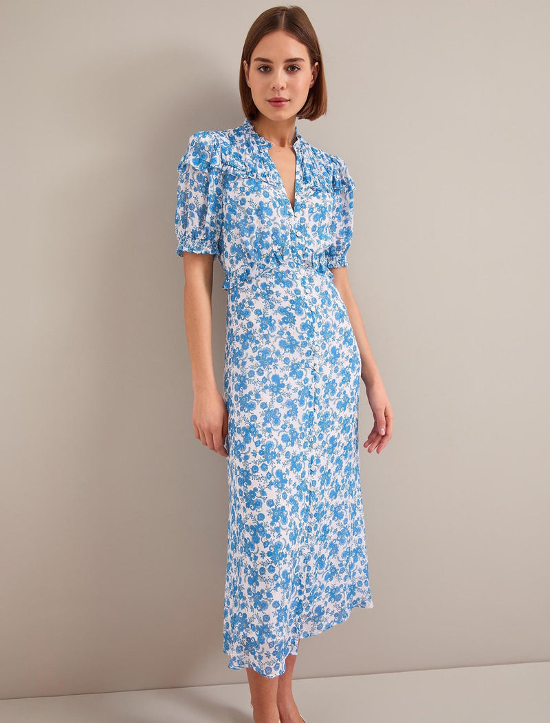 Viola Gold Metallic Fil Coupé Midi Dress - White Blue Paisley Print
