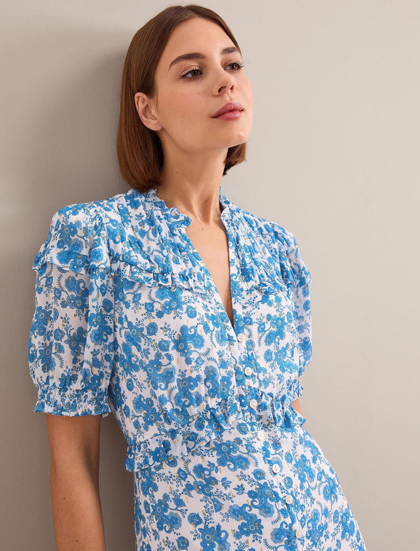 Viola Gold Metallic Fil Coupé Midi Dress - White Blue Paisley Print