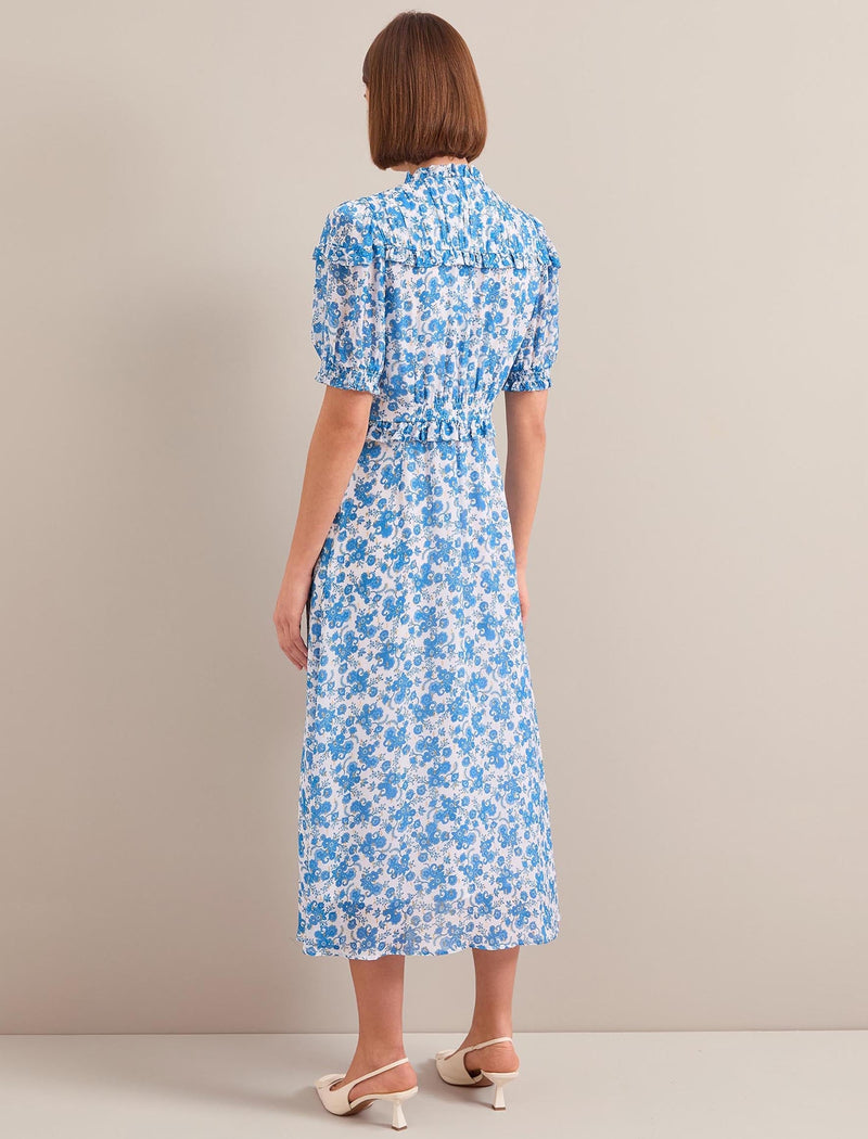 Viola Gold Metallic Fil Coupé Midi Dress - White Blue Paisley Print