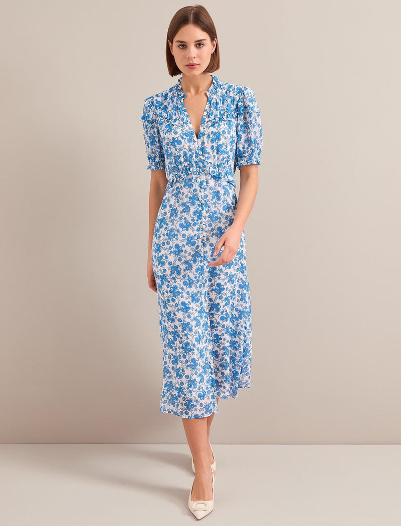 Viola Gold Metallic Fil Coupé Midi Dress - White Blue Paisley Print