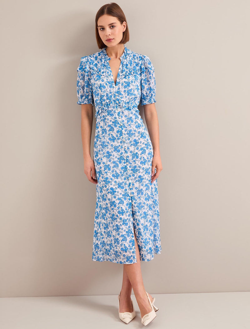Viola Gold Metallic Fil Coupé Midi Dress - White Blue Paisley Print