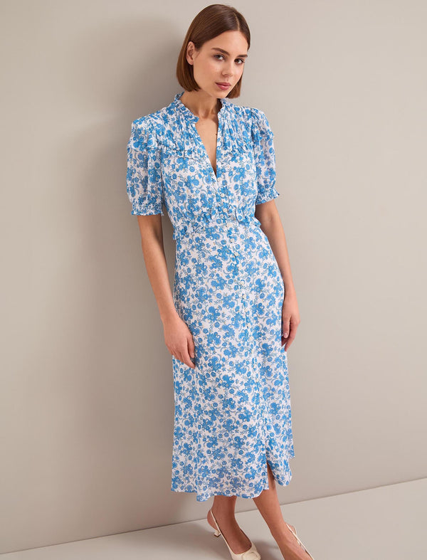 Viola Gold Metallic Fil Coupé Midi Dress - White Blue Paisley Print