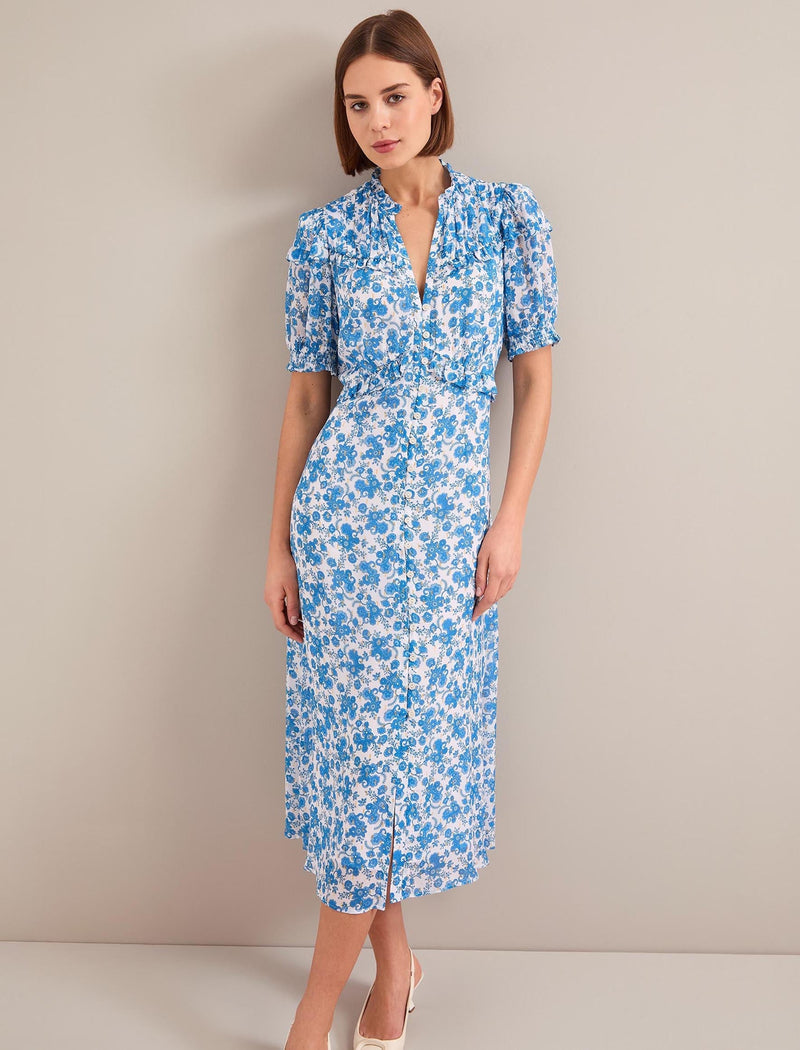 Viola Gold Metallic Fil Coupé Midi Dress - White Blue Paisley Print