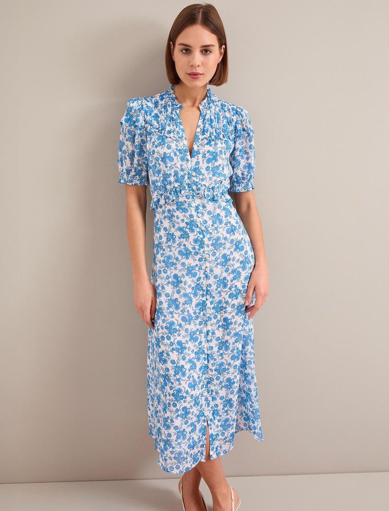 Viola Gold Metallic Fil Coupé Midi Dress - White Blue Paisley Print