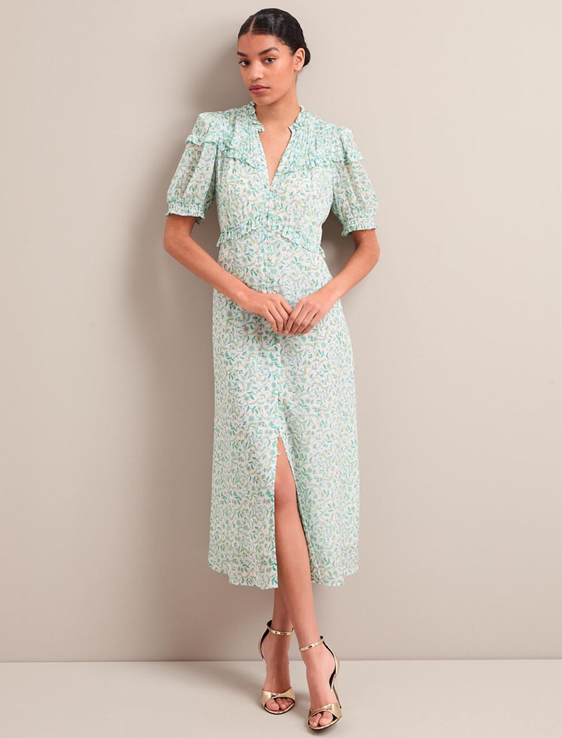 Viola Gold Metallic Fil Coupé Midi Dress - Green Yellow Trailing Feather Print