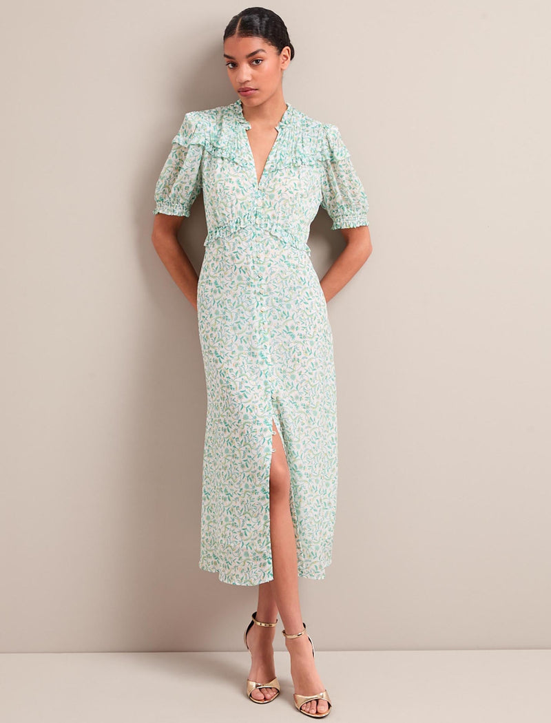 Viola Gold Metallic Fil Coupé Midi Dress - Green Yellow Trailing Feather Print