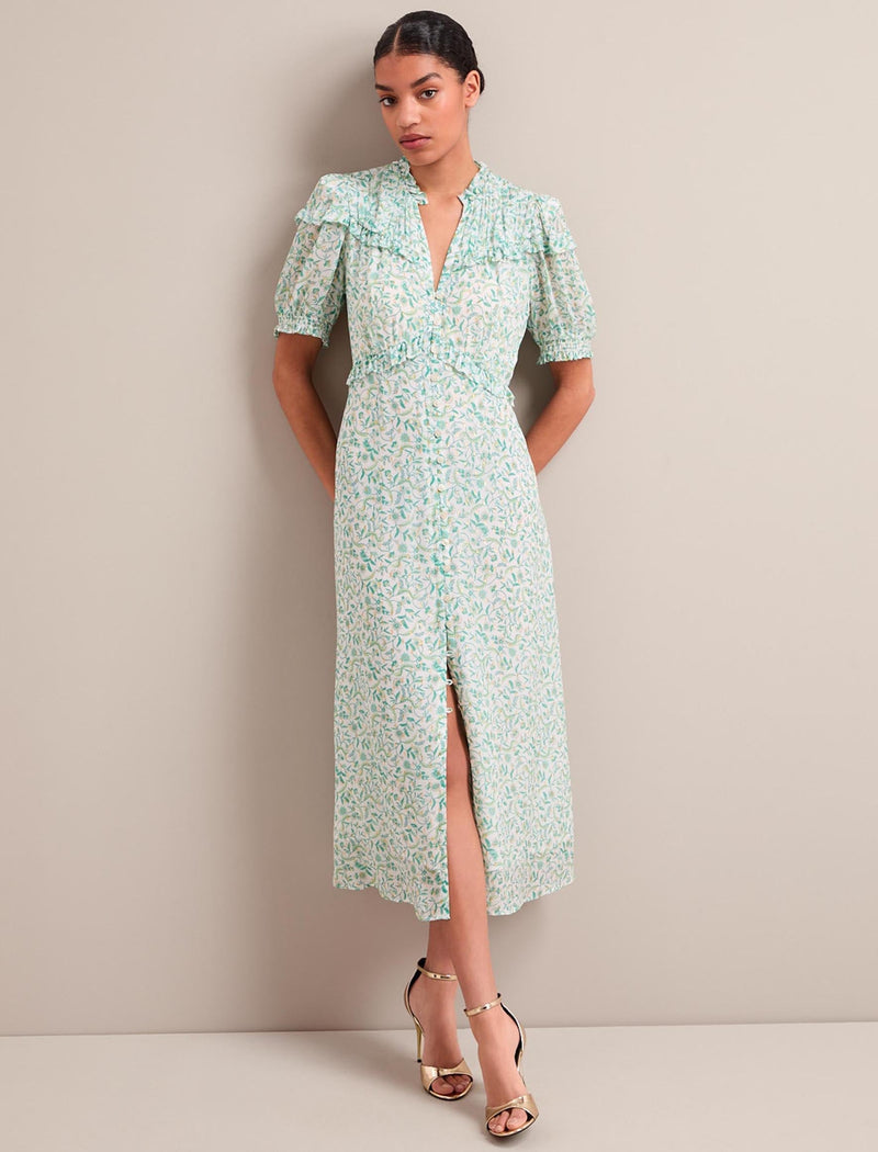 Viola Gold Metallic Fil Coupé Midi Dress - Green Yellow Trailing Feather Print