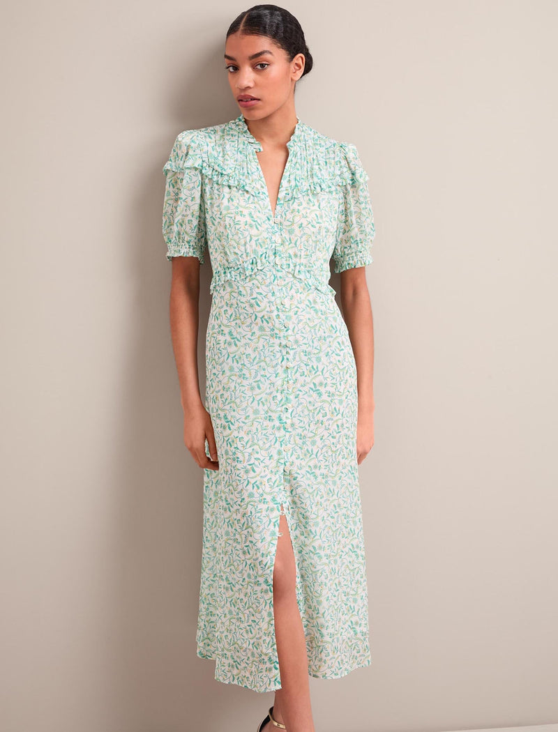 Viola Gold Metallic Fil Coupé Midi Dress - Green Yellow Trailing Feather Print