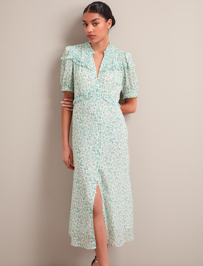 Viola Gold Metallic Fil Coupé Midi Dress - Green Yellow Trailing Feather Print