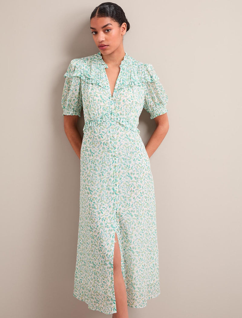 Viola Gold Metallic Fil Coupé Midi Dress - Green Yellow Trailing Feather Print