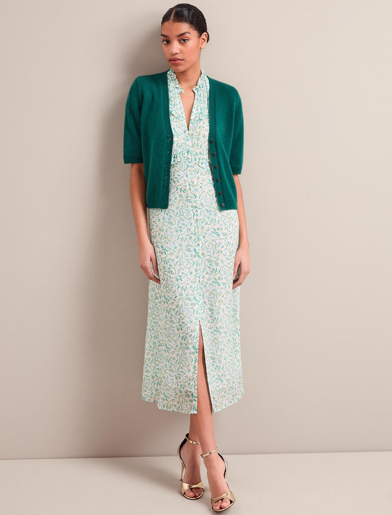 Viola Gold Metallic Fil Coupé Midi Dress - Green Yellow Trailing Feather Print