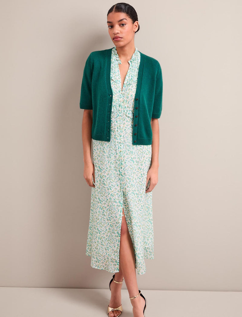 Viola Gold Metallic Fil Coupé Midi Dress - Green Yellow Trailing Feather Print