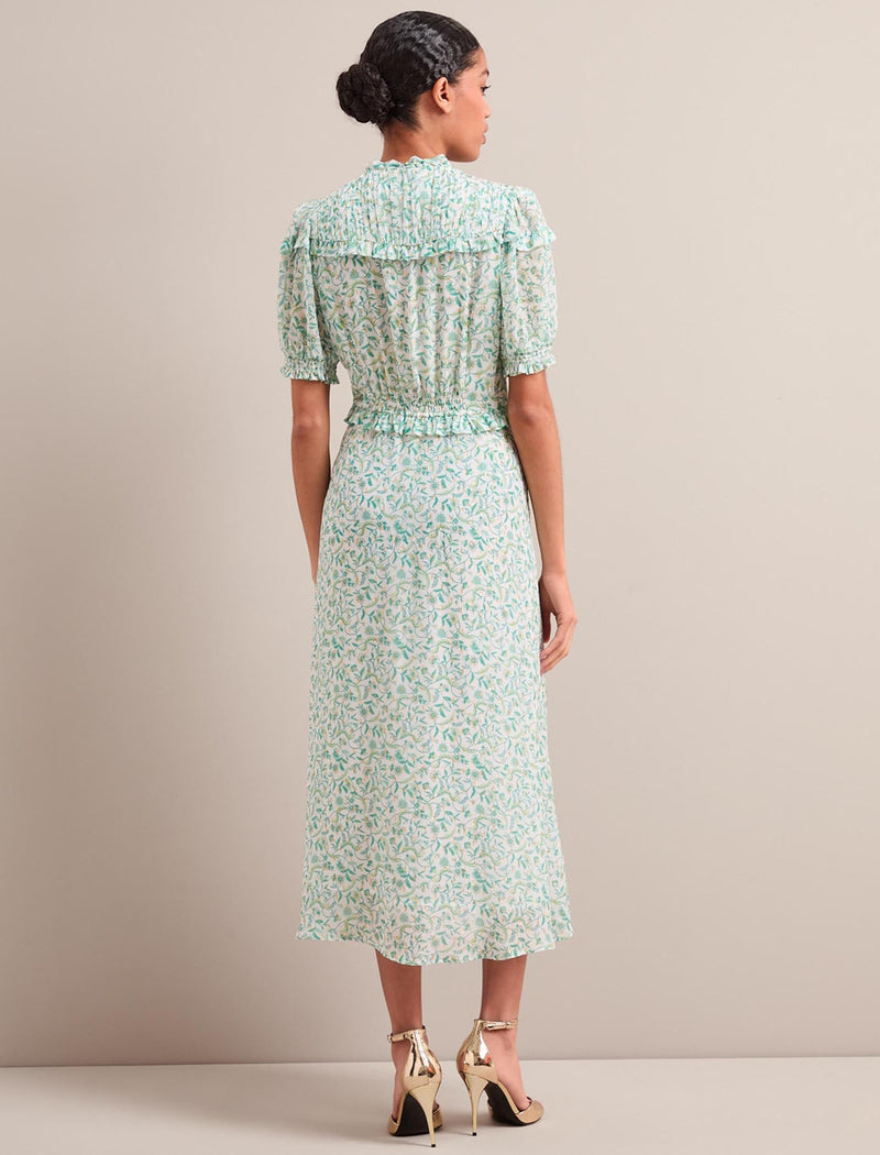 Viola Gold Metallic Fil Coupé Midi Dress - Green Yellow Trailing Feather Print