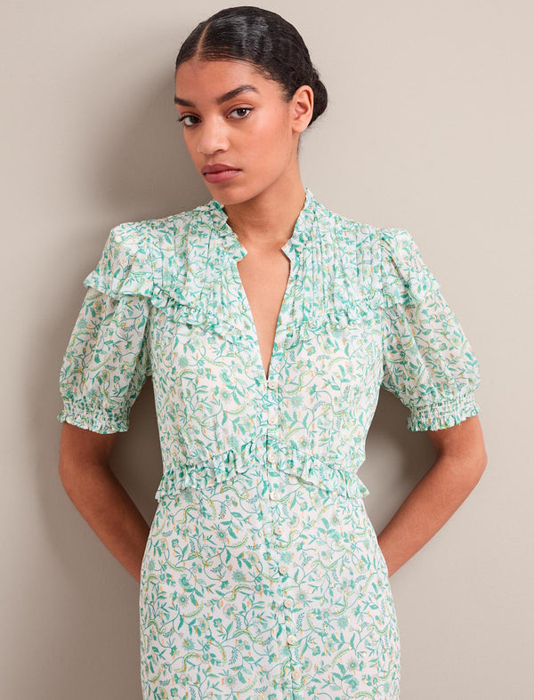 Viola Gold Metallic Fil Coupé Midi Dress - Green Yellow Trailing Feather Print