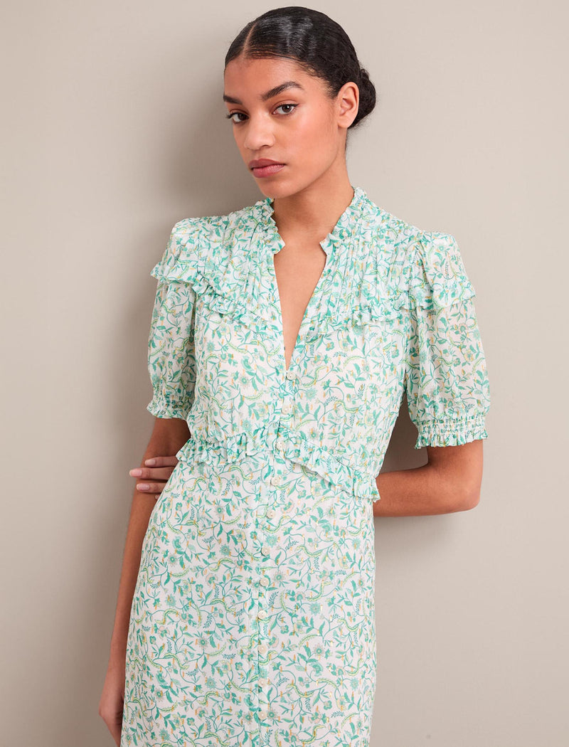 Viola Gold Metallic Fil Coupé Midi Dress - Green Yellow Trailing Feather Print