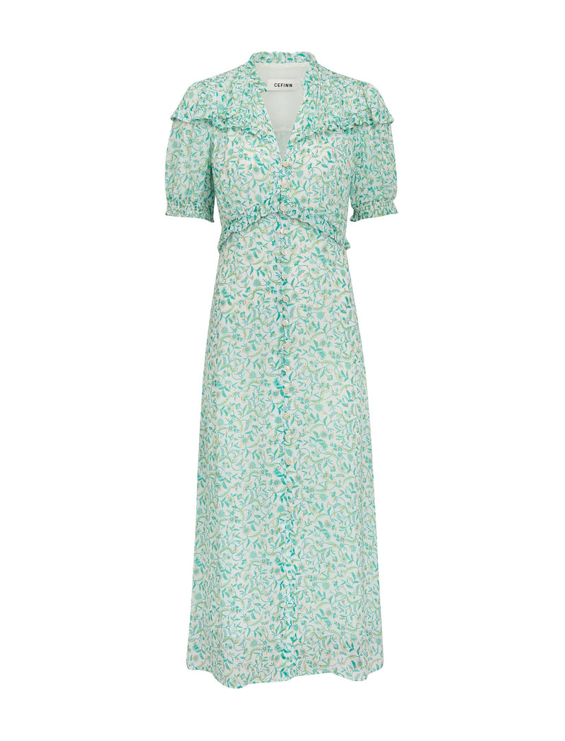 Viola Gold Metallic Fil Coupé Midi Dress - Green Yellow Trailing Feather Print