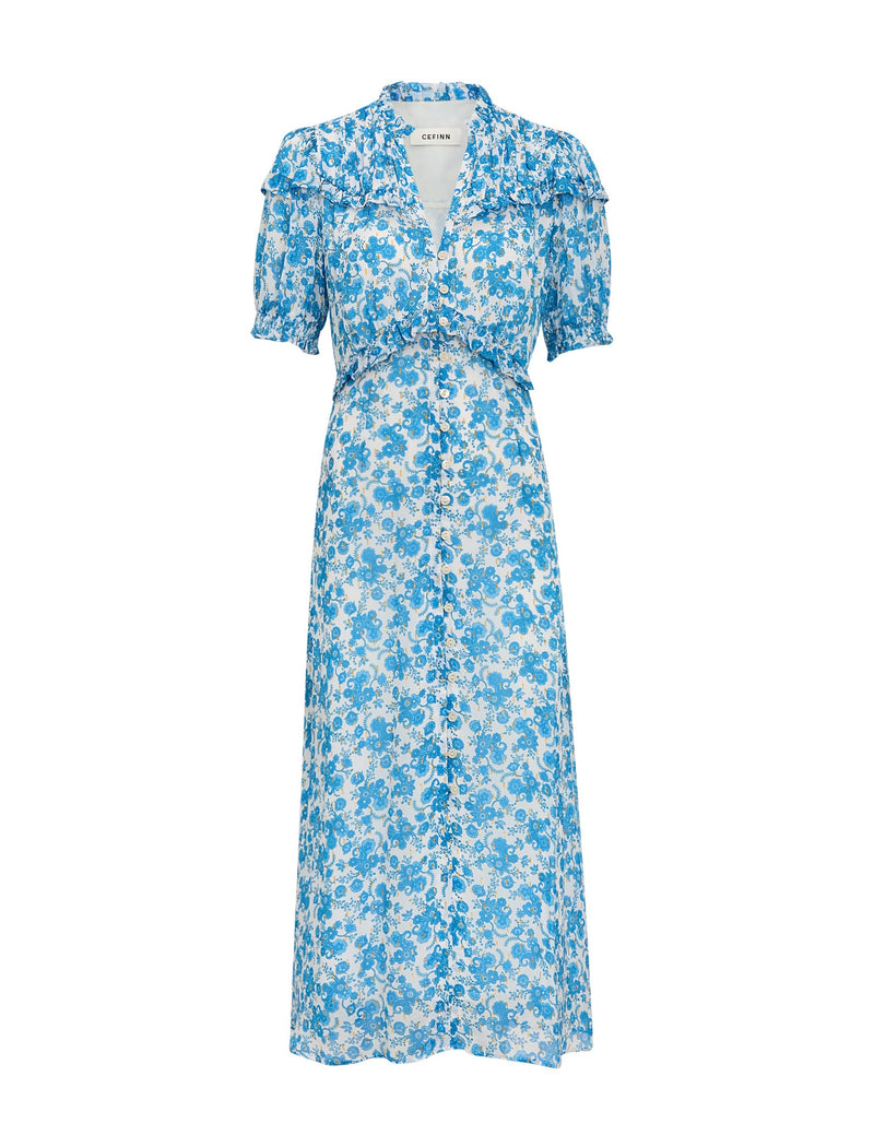 Viola Gold Metallic Fil Coupé Midi Dress - White Blue Paisley Print