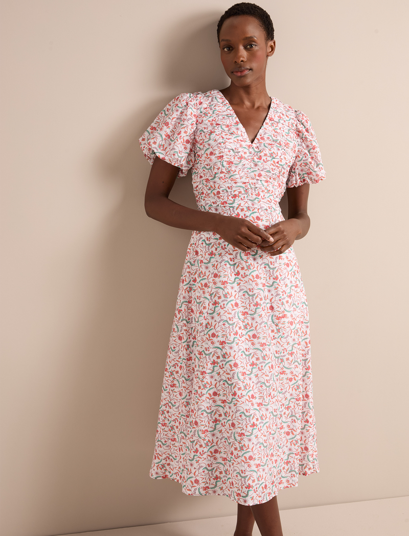 Elisa Silk Blend Midi Dress - Red Trailing Feather Print