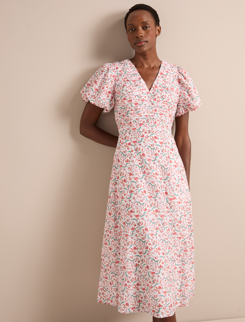 Elisa Silk Blend Midi Dress - Red Trailing Feather Print