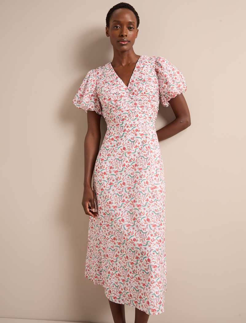 Elisa Silk Blend Midi Dress - Red Trailing Feather Print