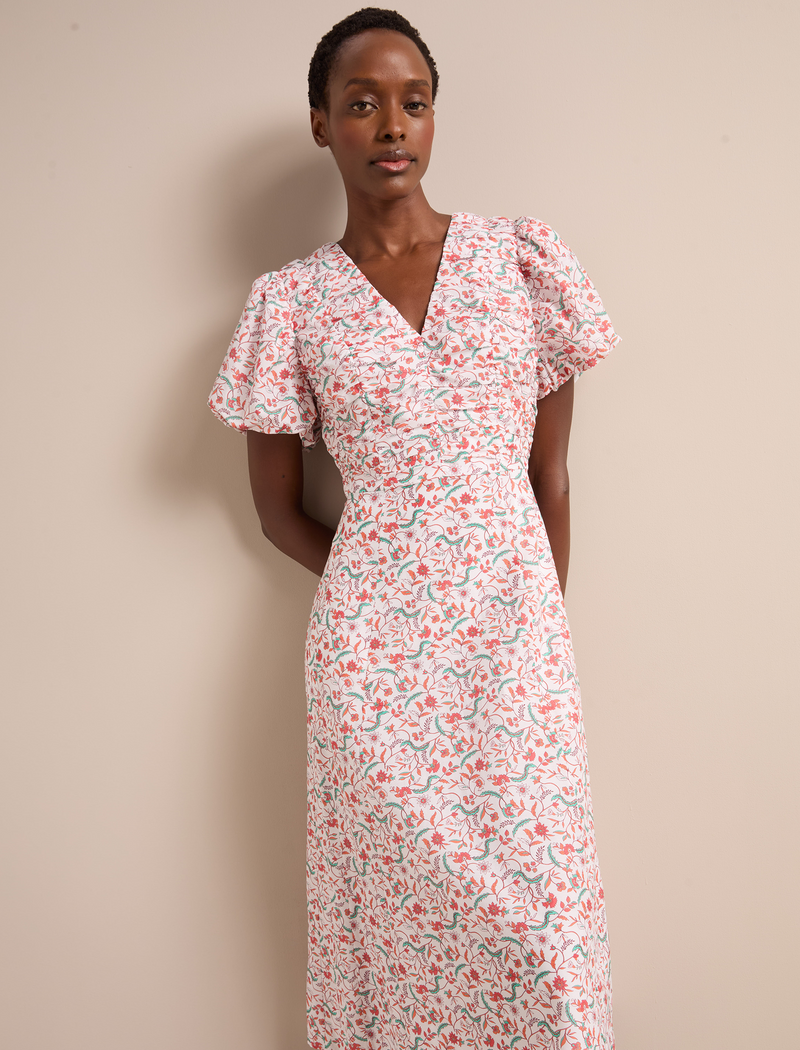 Elisa Silk Blend Midi Dress - Red Trailing Feather Print