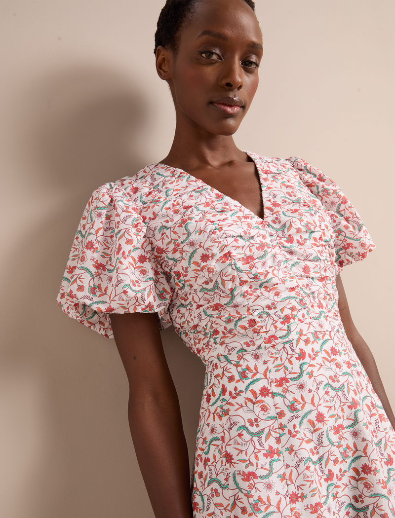 Elisa Silk Blend Midi Dress - Red Trailing Feather Print
