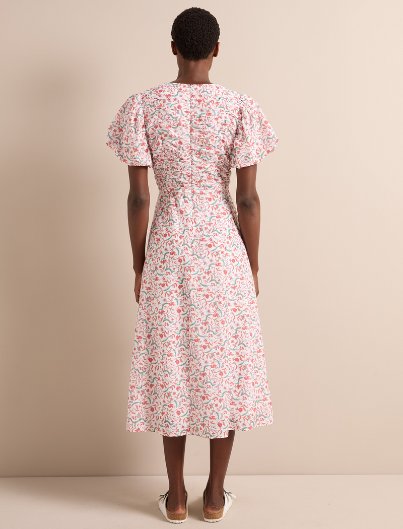 Elisa Silk Blend Midi Dress - Red Trailing Feather Print