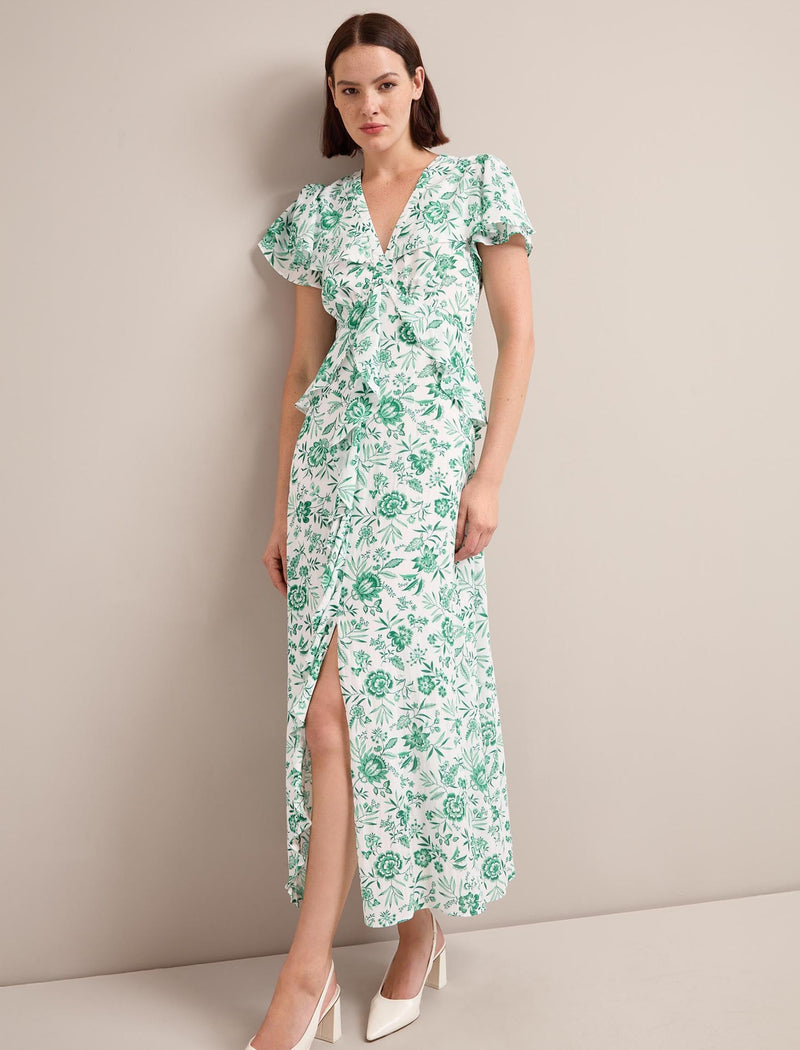 Vivienne Cotton Blend Maxi Dress - Green Palm Floral Print