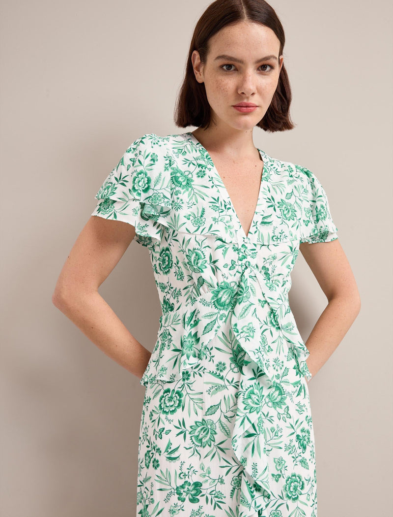 Vivienne Cotton Blend Maxi Dress - Green Palm Floral Print