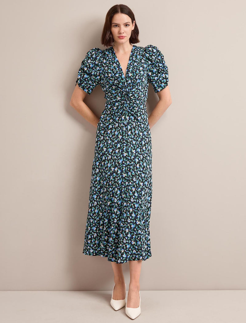 Ophelia Bias Cut Maxi Dress - Black Blue Deco Floral Print