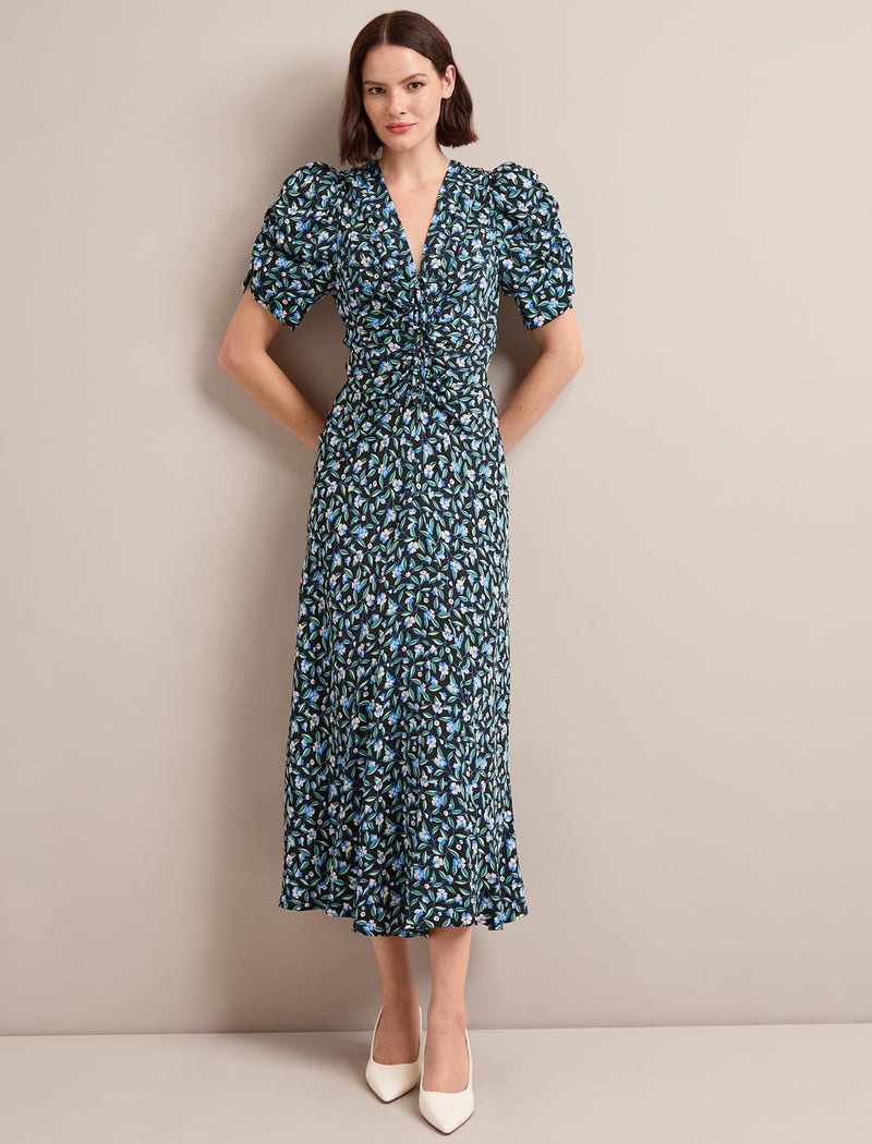 Ophelia Bias Cut Maxi Dress - Black Blue Deco Floral Print
