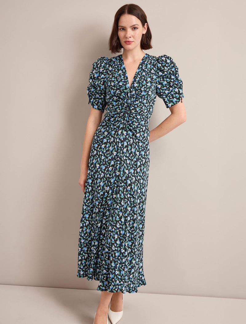 Ophelia Bias Cut Maxi Dress - Black Blue Deco Floral Print