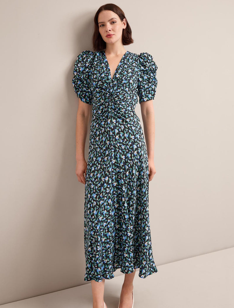 Ophelia Bias Cut Maxi Dress - Black Blue Deco Floral Print