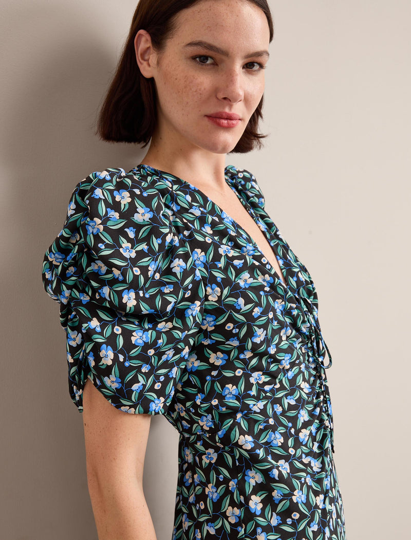 Ophelia Bias Cut Maxi Dress - Black Blue Deco Floral Print