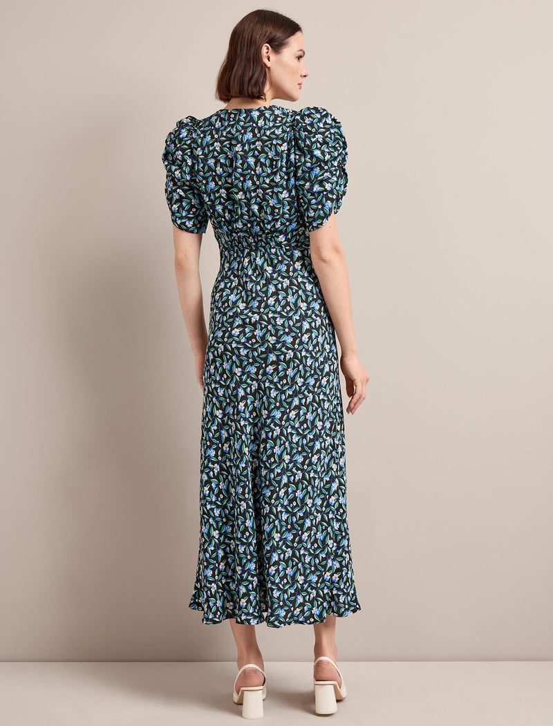 Ophelia Bias Cut Maxi Dress - Black Blue Deco Floral Print