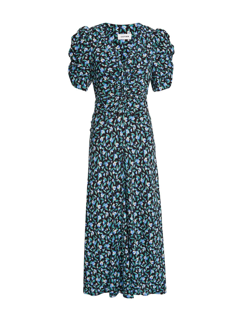 Ophelia Bias Cut Maxi Dress - Black Blue Deco Floral Print
