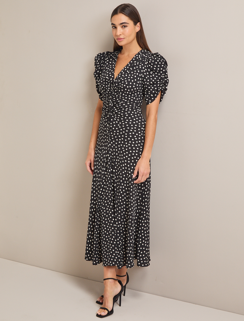 Ophelia Bias Cut Maxi Dress - Black Ecru Polka Dot Print