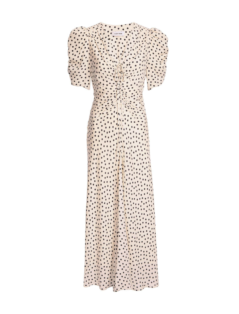 Ophelia Bias Cut Maxi Dress - Ecru Black Polka Dot Print