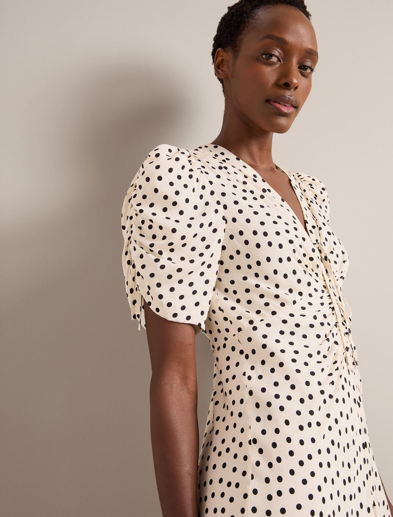 Ophelia Bias Cut Maxi Dress - Ecru Black Polka Dot Print