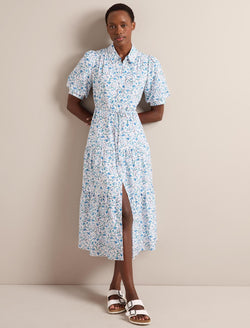 Poppy Silk Blend Maxi Dress - Blue Trailing Feather Print
