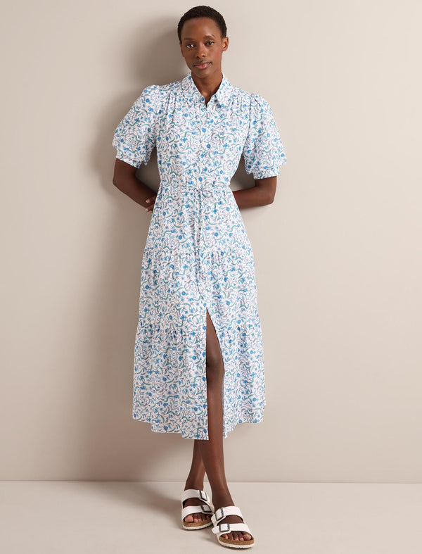 Poppy Silk Blend Maxi Dress - Blue Trailing Feather Print