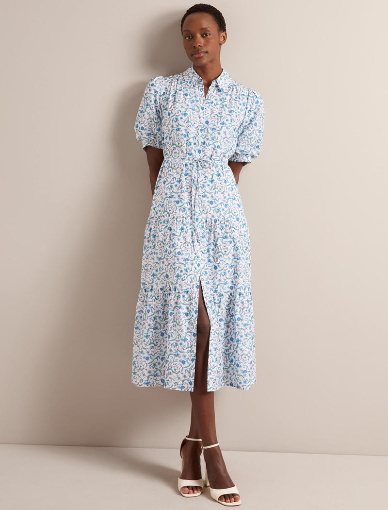 Poppy Silk Blend Maxi Dress - Blue Trailing Feather Print