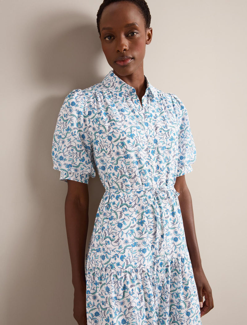 Poppy Silk Blend Maxi Dress - Blue Trailing Feather Print