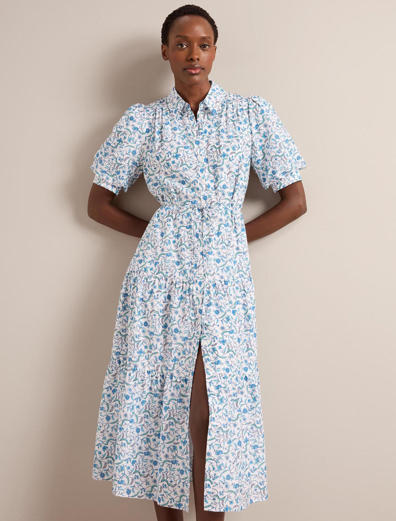 Poppy Silk Blend Maxi Dress - Blue Trailing Feather Print