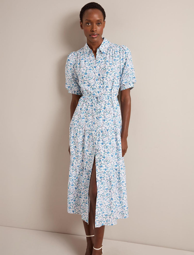 Poppy Silk Blend Maxi Dress - Blue Trailing Feather Print