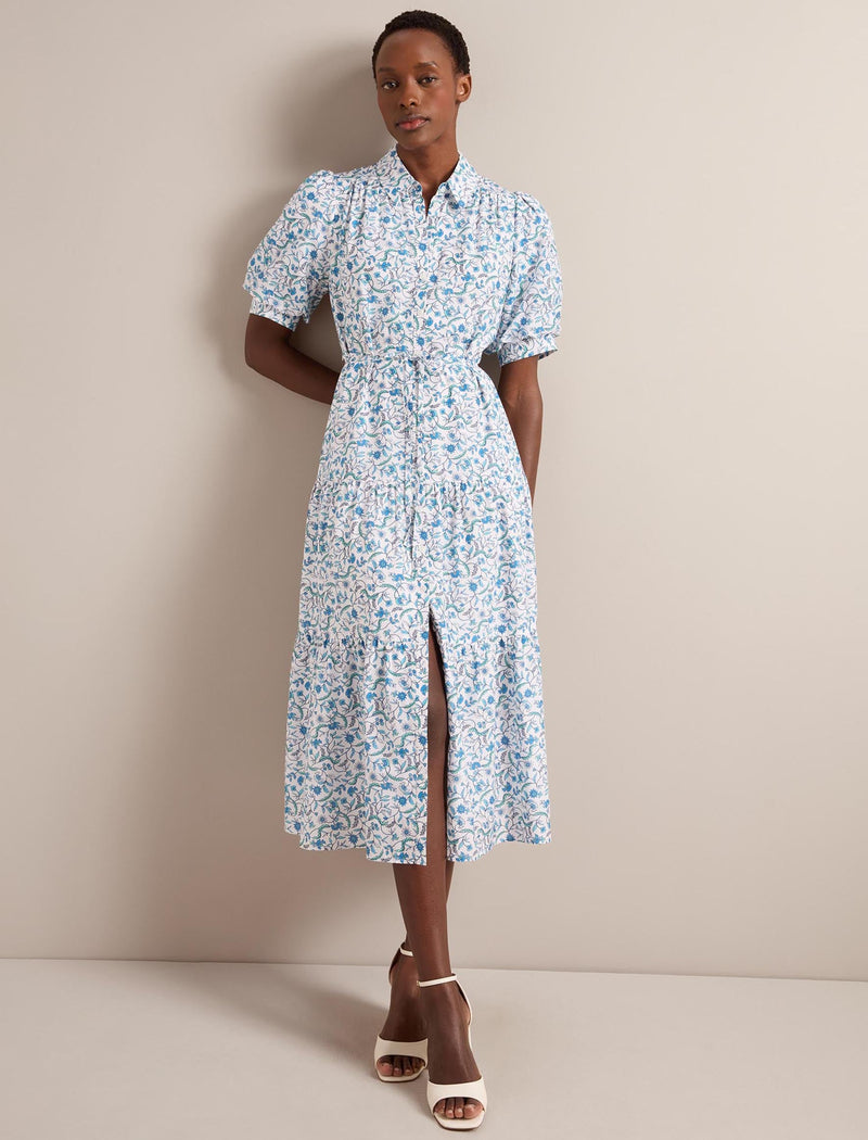 Poppy Silk Blend Maxi Dress - Blue Trailing Feather Print