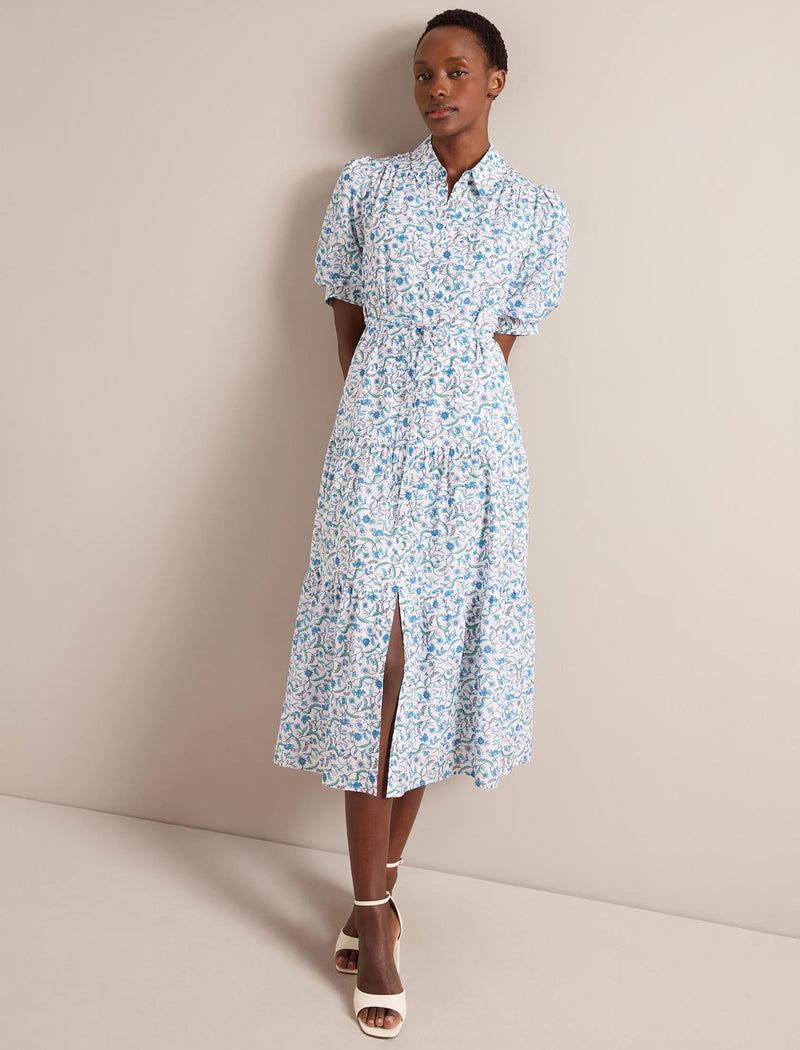 Poppy Silk Blend Maxi Dress - Blue Trailing Feather Print