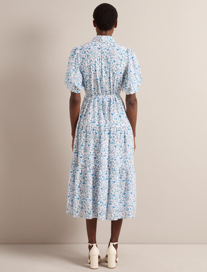 Poppy Silk Blend Maxi Dress - Blue Trailing Feather Print