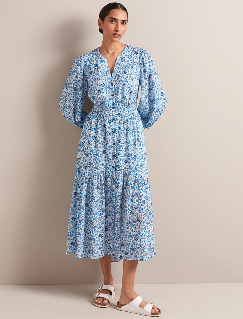 Aspen Cotton Blend Maxi Dress - White Blue Ditsy Carnation Print