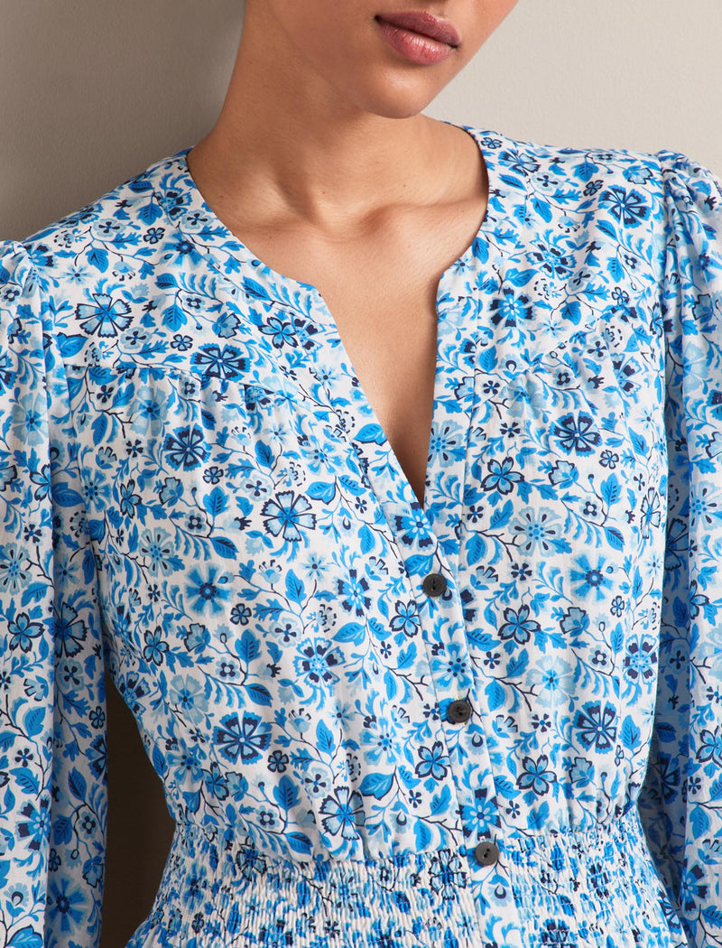 Aspen Cotton Blend Maxi Dress - White Blue Ditsy Carnation Print